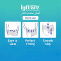 Diagram showing how to wear Lyfcare Adult Pull-Up Pants: Pull On for Easy to wear, Adjusting the sides for Perfect Fitting, and smoothing the brief for Smooth Grip