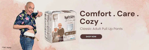 A banner for Lyfcare Classic Adult Pull Up Pants featuring a smiling older man in a floral shirt pointing to the product waistband. A size Medium package with an illustration of an elderly couple is shown next to him