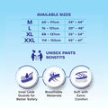 Available sizes for Adult Unisex Pull-Up Pants: M (60-111cm / 24"-44"), L (76-121cm / 30"-48"), XL (88-137cm / 35"-54"), XXL (114-155cm / 45"-61"). Benefits include Inner Leak Guards, Breathable Materials, and Soft with Extra Comfort