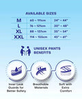 Available sizes for Adult Unisex Pull-Up Pants: M (60-111cm / 24"-44"), L (76-121cm / 30"-48"), XL (88-137cm / 35"-54"), XXL (114-155cm / 45"-61"). Benefits include Inner Leak Guards, Breathable Materials, and Soft with Extra Comfort