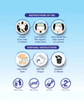 Instructions for use and disposal of Adult Pull-Up Pants: Check front side, wear like regular underwear, tear side seams to remove, roll the diaper, and dispose in waste. Product is 100% Latex Free and Not for 2nd Time Use