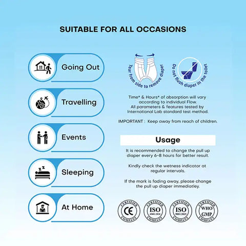 Lyfcare Adult Pull-Up Pants are Suitable for All Occasions: Going Out, Travelling, Events, Sleeping, and At Home. Also includes usage notes: change every 6-8 hours, check wetness indicator, Tear from side to remove, and Do not flush diaper in the toilet