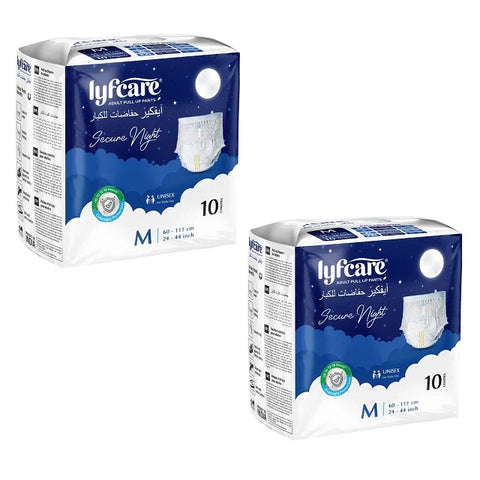 Lyfcare Secure Night Adult Pull Up Pants, Size M, for waist 60-111 cm (24-44 inch), pack of 10. Highlights up to 12 hours of protection, Super Absorbent, Odour Free, and Anti-Bacterial features