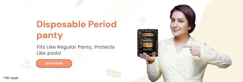A banner for Nupanty Disposable Period Panty featuring a woman pointing toward a black and gold package. The text reads "Disposable Period panty: Fits Like Regular Panty, Protects Like pads!" with an orange "Shop Now" button.