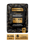 Nupanty disposable period panty packaging with black and gold design on a white background