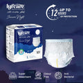 Lyfcare Secure Night Adult Pull Up Pants packaging and product, emphasizing Super Absorbent, Odour Free, and Anti-Bacterial protection for up to 12 hours