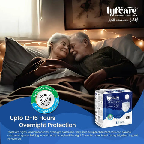 Lyfcare Secure Night Adult Pull Up Pants product packaging shown next to an elderly couple sleeping, promoting comfortable 12 to 16 hours of overnight protection
