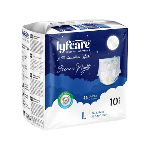 A pack bundle of Lyfcare Secure Night Adult Pull Up Pants, size L with 10 units per pack
