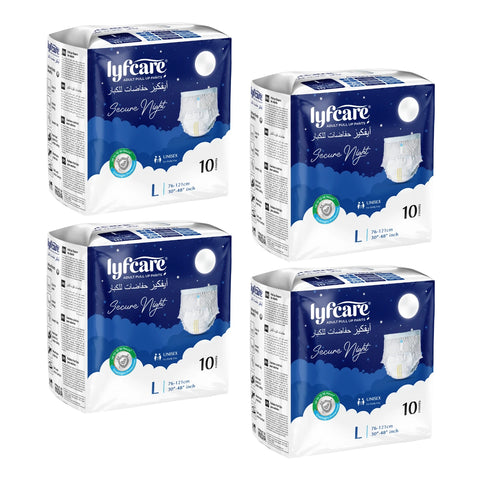 A four pack bundle of Lyfcare Secure Night Adult Pull Up Pants, size L with 10 units per pack
