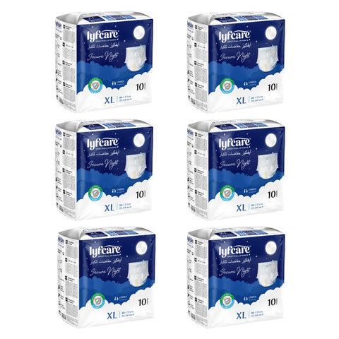 A Six pack bundle of Lyfcare Secure Night Adult Pull Up Pants, size XL, with 10 units per pack