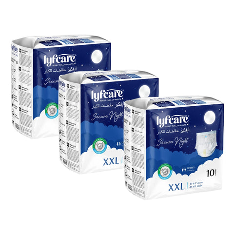A three pack bundle of Lyfcare Secure Night Adult Pull Up Pants, size XXL, with 10 units per pack