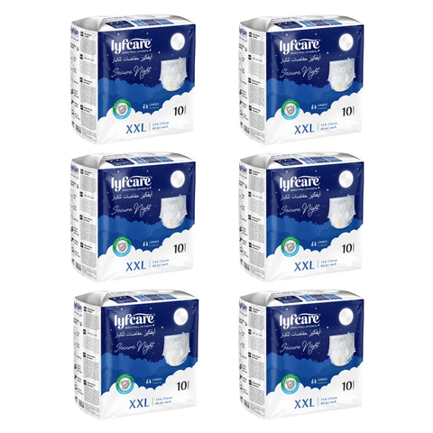 A Six pack bundle of Lyfcare Secure Night Adult Pull Up Pants, size XXL, with 10 units per pack