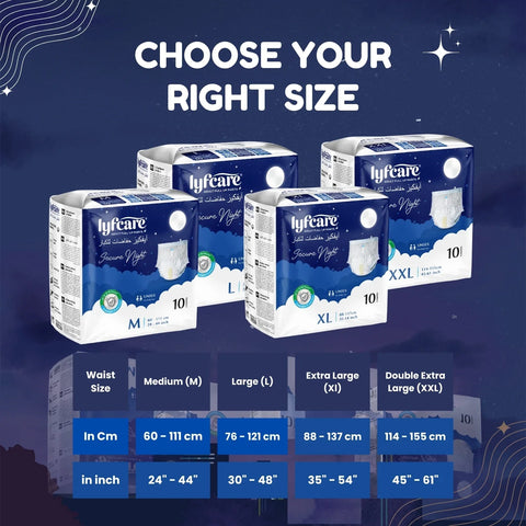 Size guide chart for Lyfcare Pull Up Pants showing waist measurements for M, L, XL, and XXL sizes in centimeters and inches