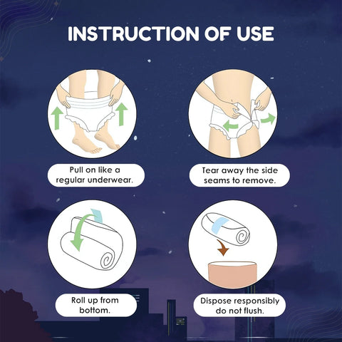 Diagram illustrating four steps for using Lyfcare Adult Diapers: Pull on, Tear away side seams to remove, Roll up from the bottom, and Dispose responsibly (do not flush)