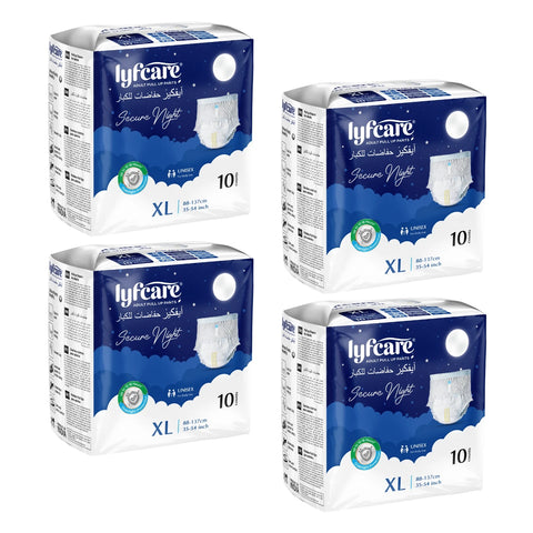 A four-pack bundle of Lyfcare Secure Night Adult Pull Up Pants, size Extra lage (XL), with 10 units per pack
