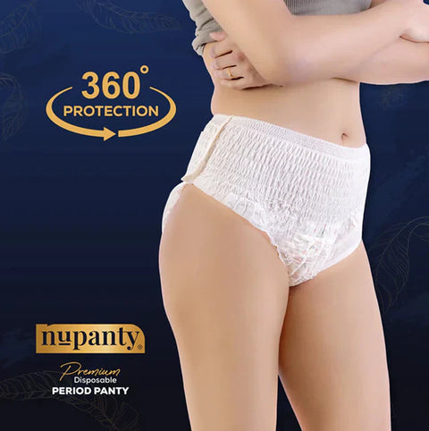 Nupanty Premium Disposable Period Panty on a woman, highlighting 360° Protection for comfortable and secure wear during a heavy flow