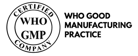 A black and white certification badge and text reading 'CERTIFIED WHO GMP COMPANY' alongside 'WHO GOOD MANUFACTURING PRACTICE' on a white background.