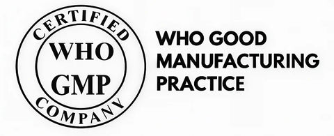 A black and white graphic featuring the 'Who Good GMP Company' certification seal on the left and the text 'WHO GOOD MANUFACTURING PRACTICE' on the right.