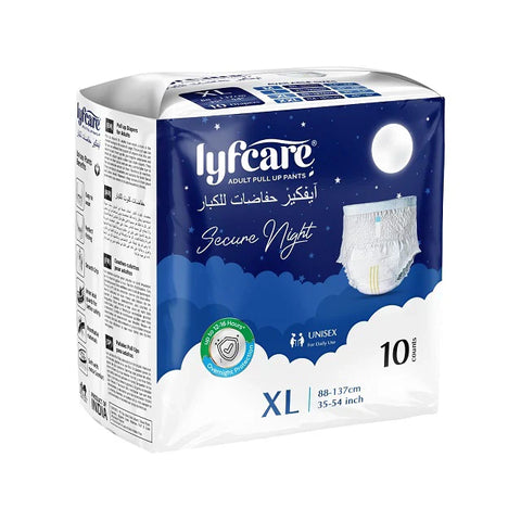 A pack bundle of Lyfcare Secure Night Adult Pull Up Pants, size XL with 10 units per pack