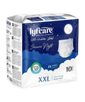 Box of lyfcare adult pull-up pants with a blue and white design on a white background
