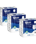 Three packages of lyfcare diapers on a white background