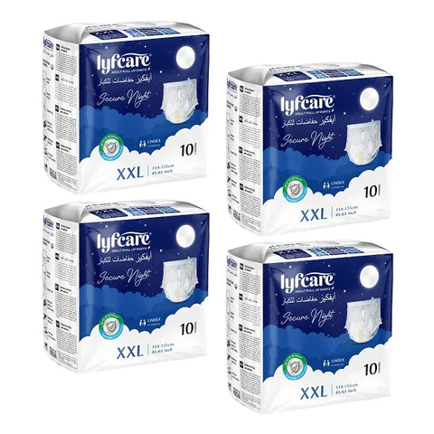 A four-pack bundle of Lyfcare Secure Night Adult Pull Up Pants, size XXL, with 10 units per pack