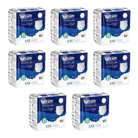 A Eight-pack bundle of Lyfcare Secure Night Adult Pull Up Pants, XXL, with 10 units per pack