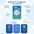 LYFCARE baby pull up pants packaging with benefits listed on a light blue background