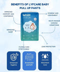 LYFCARE baby pull up pants packaging with benefits listed on a light blue background