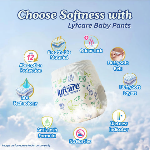 Lyfcare baby diaper with features listed on a blue background