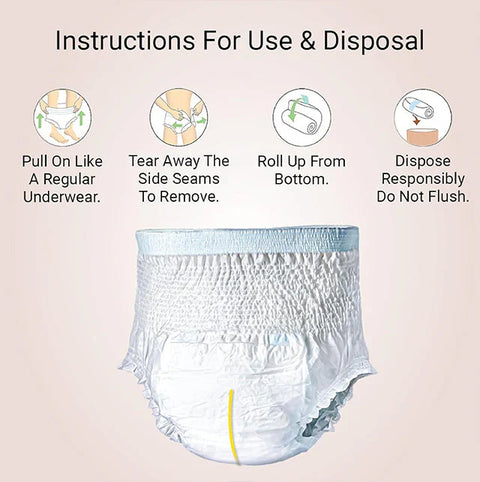 Disposable diaper with instructions for use and disposal on a beige background