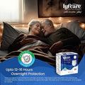 Lyfcare Secure Night Adult Pull Up Pants product packaging shown next to an elderly couple sleeping, promoting comfortable 12 to 16 hours of overnight protection