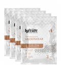 Three packages of lyfcare disposable elastic underwear on a white background