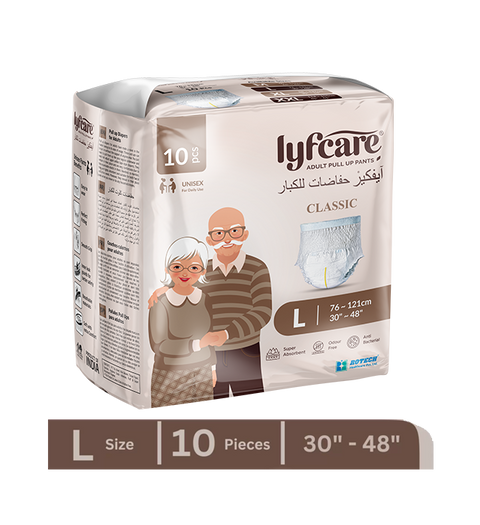 Lyfcare Classic Pull-Up Pants | Waist Size (30-48 Inch) Adult Diapers - L  (10 Pieces)