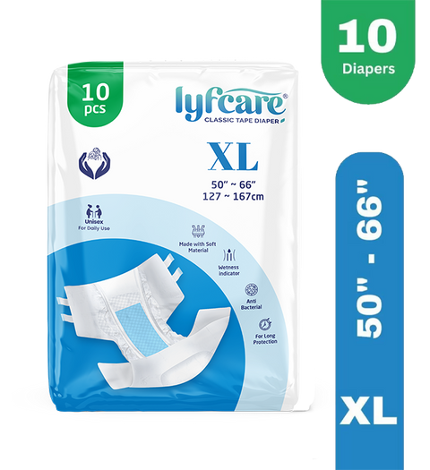 Lyfcare Classic Tape Style | Unisex | Extra Large | Waist (50-66 inch) | Adult Diapers - XL (10 Pieces)