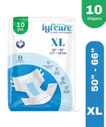 Package of lyfcare XL diapers with packaging details on a white background