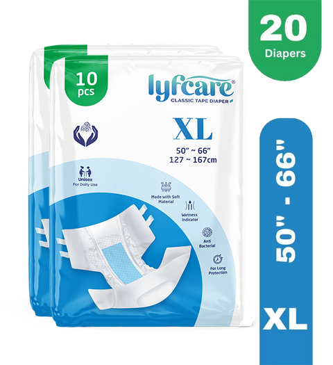 Lyfcare Classic Tape Style | Unisex | Extra Large | Waist (50-66 inch) | Pack of 2 | Adult Diapers - XL (20 Pieces)