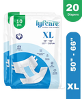 Packaging of lyfcare diapers with size XL and quantity 20 on a white background