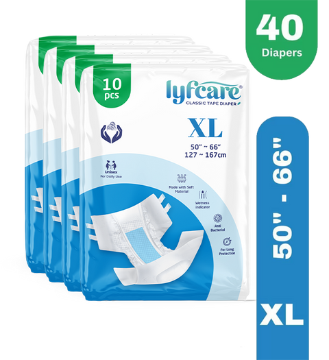 Lyfcare Classic Tape Style | Unisex | Extra Large | Waist (50-66 inch) | Pack of 4 | Adult Diapers - XL (40 Pieces)