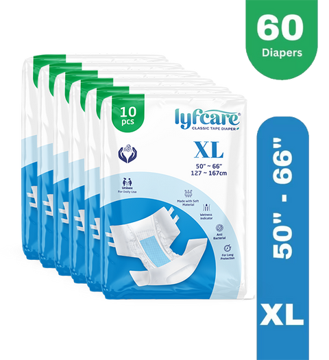 Lyfcare Classic Tape Style | Unisex | Extra Large | Waist (50-66 inch) | Pack of 6 | Adult Diapers - XL (60 Pieces)