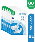 Packaging of lyfcare diapers with size XL and quantity 60 on a white background