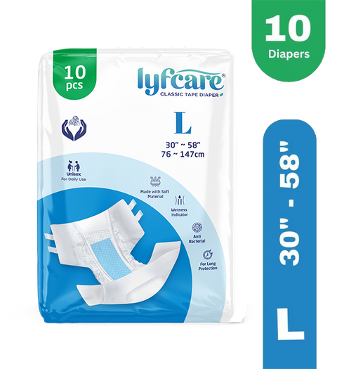 Lyfcare Classic Tape Style | Unisex | Large | Waist Size (30-58 Inch) | Adult Diapers - L (10 Pieces)