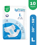 Package of lyfcare diapers with size L and 10 count on a white background