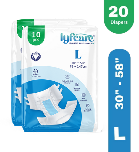 Lyfcare Classic Tape Style | Unisex | Large | Waist Size (30-58 Inch) | Pack of 2 | Adult Diapers - L (20 Pieces)