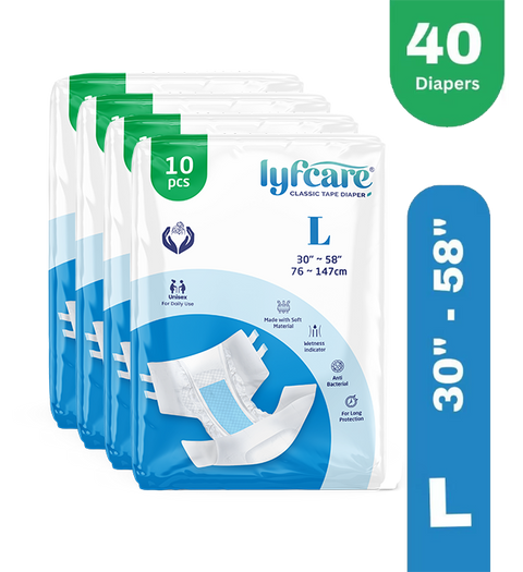 Lyfcare Classic Tape Style | Unisex | Large | Waist Size (30-58 Inch) | Pack of 4 | Adult Diapers - L (40 Pieces)