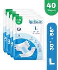 Packaging of lyfcare diapers with size L and quantity information on a white background