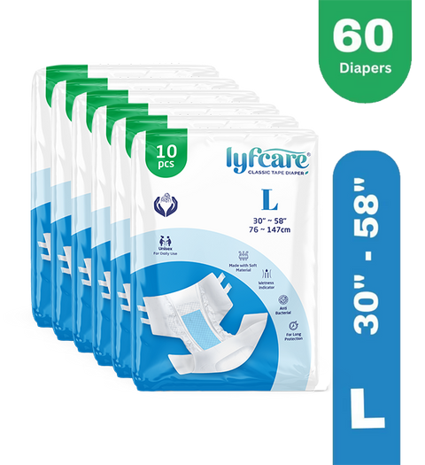 Lyfcare Classic Tape Style | Unisex | Large | Waist Size (30-58 Inch) | Pack of 6 | Adult Diapers - L (60 Pieces)