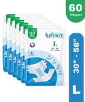Packaging of lyfcare diapers with size L and quantity 60 on a white background