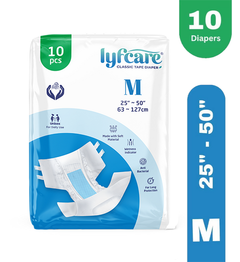 Lyfcare Classic Tape Style | Unisex | Medium | Waist Size (25-50 Inch) | Adult Diapers - M  (10 Pieces)