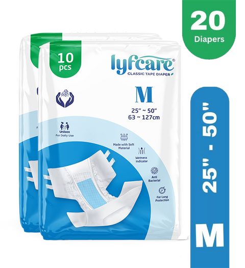 Lyfcare Classic Tape Style | Unisex | Medium | Waist Size (25-50 Inch) | Pack of 2 | Adult Diapers - M (20 Pieces)